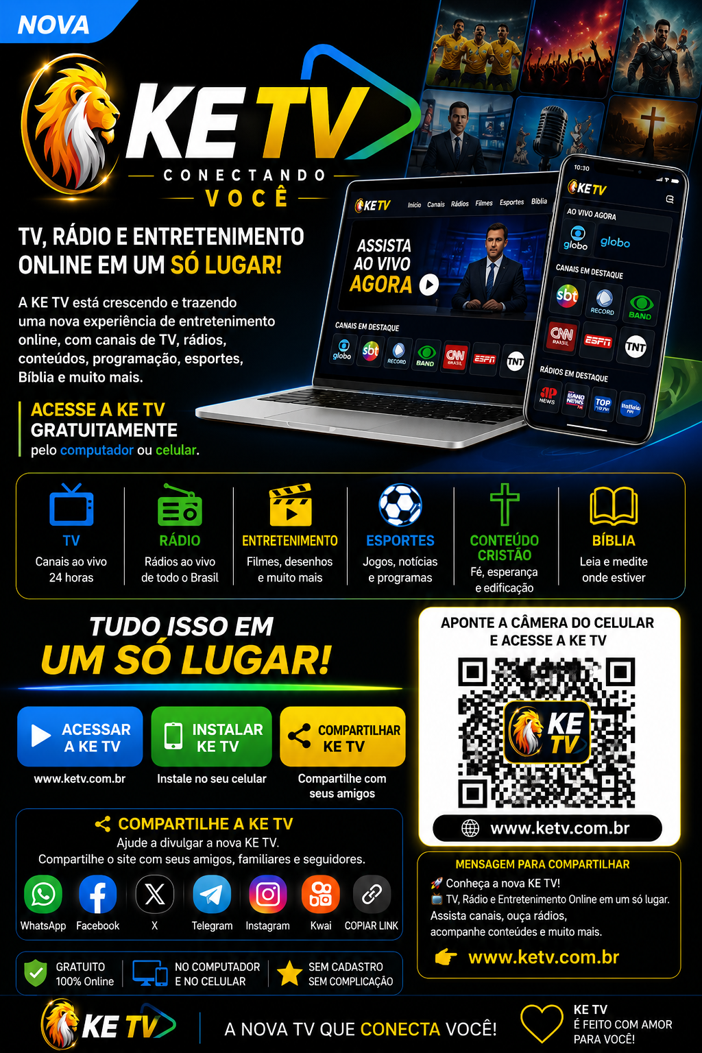 Arte oficial de divulgação da KE TV — TV, Rádio e Entretenimento Online em um só lugar, com QR Code para www.ketv.com.br